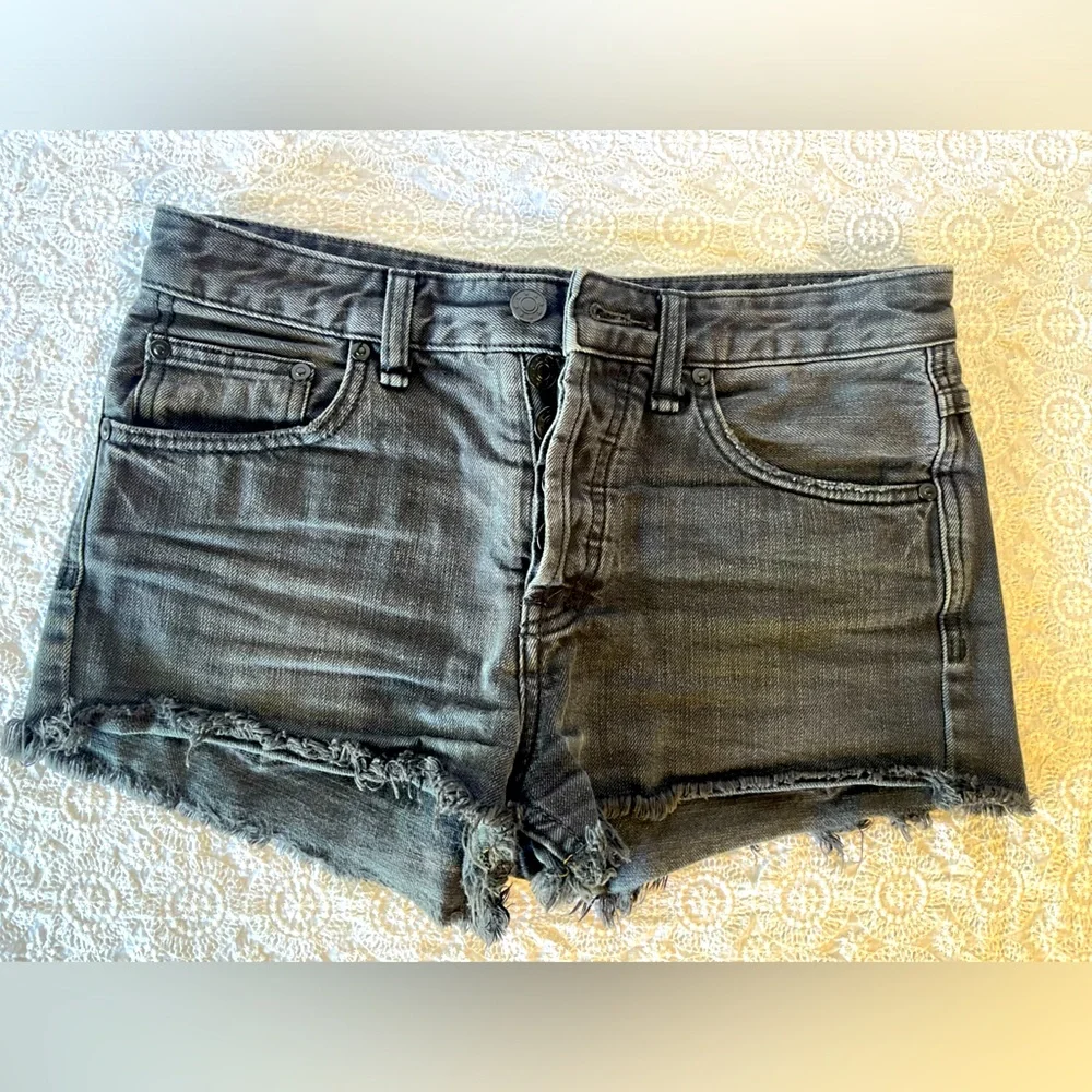 Free People black cut-off shorts, size 25; distressed black denim with raw hem